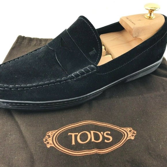 TODS Suede Penny Loafers Mens 8.5 Black Slip On - Picture 3 of 8